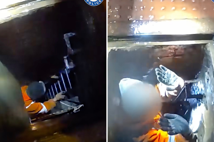 Suspected-underground-cable-thieves-emerge-from-manhole-in-busy-city-centre