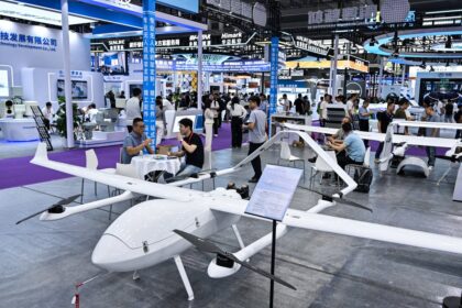 A-MD-G62-fixed-wing-VTOL-Vertical-Take-Off-and-Landing-UAV-of-Ming-is-displayed